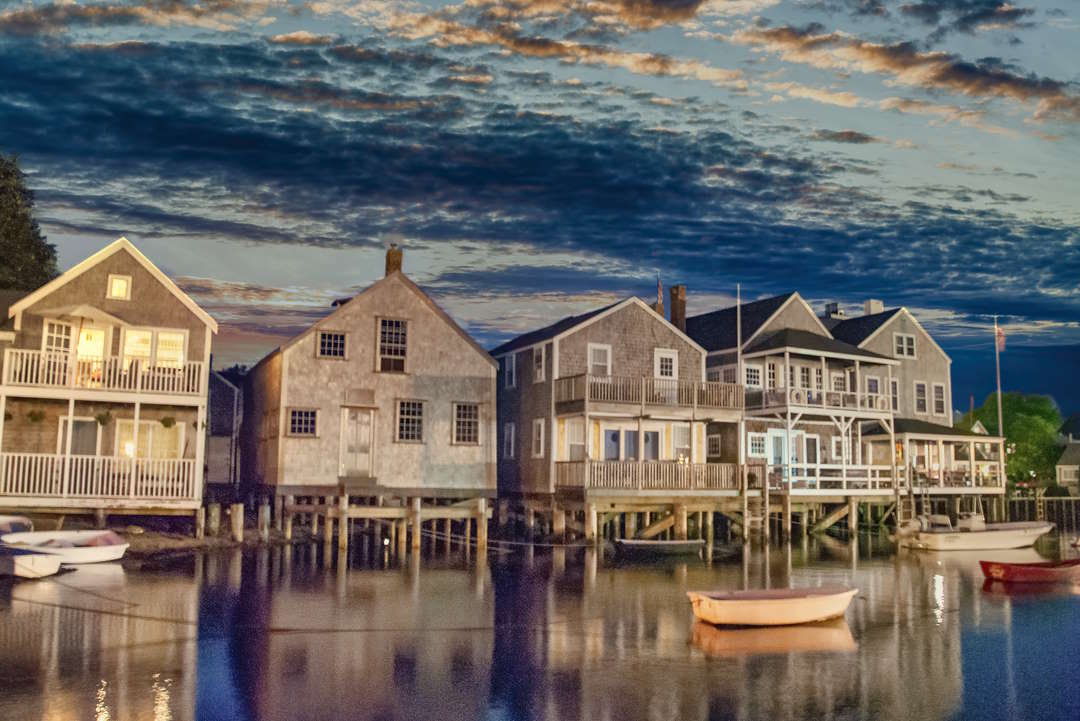 Sunset over beautiful homes of Nantucket, Massachusetts