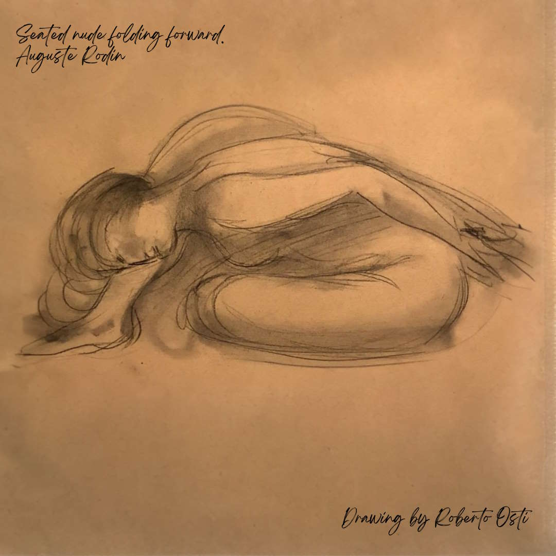 Seated nude folding forward Auguste Rodin – drawing by roberto osti